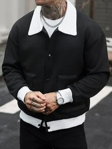 Manfinity CasualCool جاكيت رجالي كاجوال، مناسب للارتداء في الربيع والخريف. جاكيت أسود، جاكيت رجالي بأزرار - الأسود - مشاهدة 4
