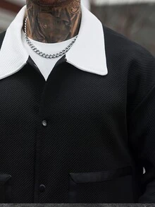 Manfinity CasualCool جاكيت رجالي كاجوال، مناسب للارتداء في الربيع والخريف. جاكيت أسود، جاكيت رجالي بأزرار - الأسود - مشاهدة 5