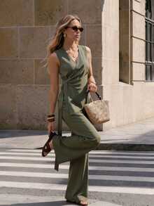 Ciel Poise Women's Solid Color Side Knot Sleeveless Shirt And Pants Casual Set - Army Green - View 1