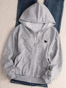 SHEIN Teen Girls' Casual, Versatile, Regular-Fit, Loose-Fit Korean-Style Open-Front Sweatshirt; Sweatshirt Jacket; Back-To-School Sweatshirt - Grey - View 1