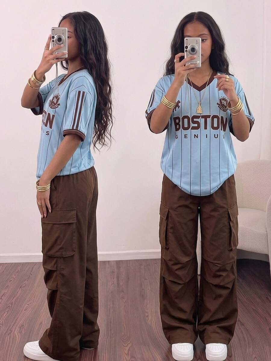 SHEIN 青少年女孩休閒街頭風數位印花T恤+工裝褲2件套,舒適版型方便活動,時尚街頭元素,適合校園、通勤、週末出遊、日常穿著及春季場合 - 彩色 - 查看 1