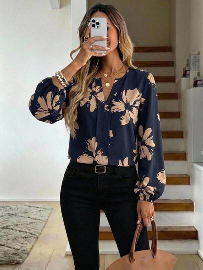 SHEIN LUNE Women's Navy Blue Floral Floral Elegant Casual Tropical V-Neck Long Sleeve Blouse Office Brunch Autumn