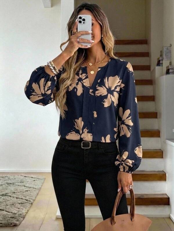 EMERY ROSE Women's Navy Blue Floral Floral Elegant Casual Tropical V-Neck Long Sleeve Blouse Office Brunch Autumn