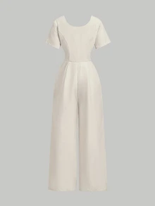 SHEIN MOD Women's Solid Color Button Design Short Sleeve Pleated Wide Leg Jumpsuit Beach White Summer French Elegant.Halloween.Back To School. - Apricot - View 2