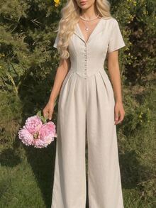 SHEIN MOD Women's Solid Color Button Design Short Sleeve Pleated Wide Leg Jumpsuit Beach White Summer French Elegant.Halloween.Back To School. - Apricot - View 1