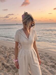 SHEIN MOD Women's Solid Color Button Design Short Sleeve Pleated Wide Leg Jumpsuit Beach White Summer French Elegant.Halloween.Back To School. - Apricot - View 3