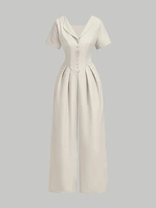 SHEIN MOD Women's Solid Color Button Design Short Sleeve Pleated Wide Leg Jumpsuit Beach White Summer French Elegant.Halloween.Back To School. - Apricot - View 6