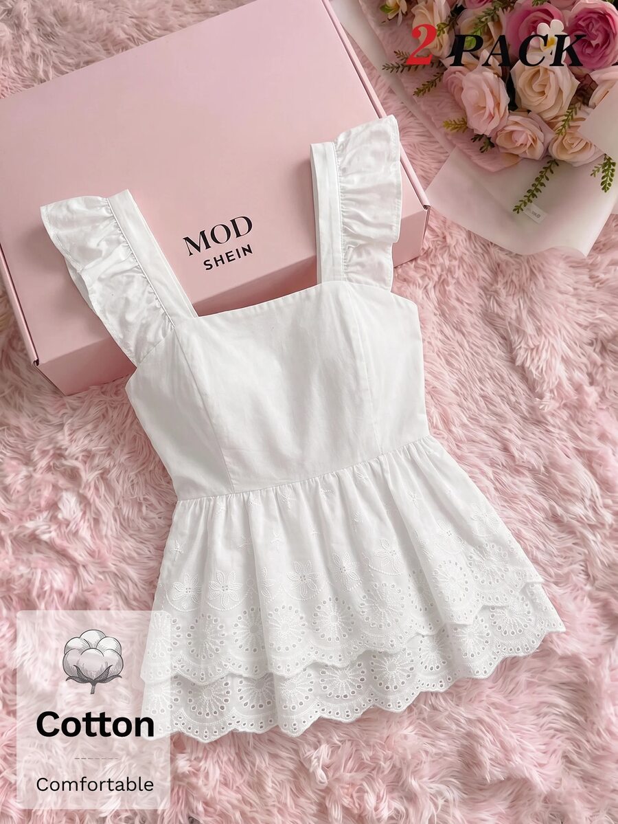 SHEIN MOD Blus Camisole Wanita Katun Murni Putih Lengan Pendek dengan Bordir Bergelombang di Bagian Bawah dan Trim Ruffle Dua Lapis - Putih - View 1
