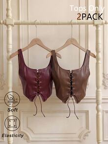 SHEIN MOD 女款 PU 棕色酒紅兩件式背心套裝，復古學院波希米亞風，適合夏季／返校季、龐克萬聖節之夜外訪與演唱會 - 彩色 - 查看 12