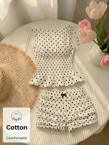 SHEIN MOD 女款棉質對比波點印花無袖上衣與短褲兩件套，情人節 - 杏色 - 查看 4