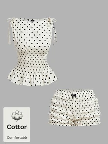 SHEIN MOD 女款棉質對比波點印花無袖上衣與短褲兩件套，情人節 - 杏色 - 查看 10