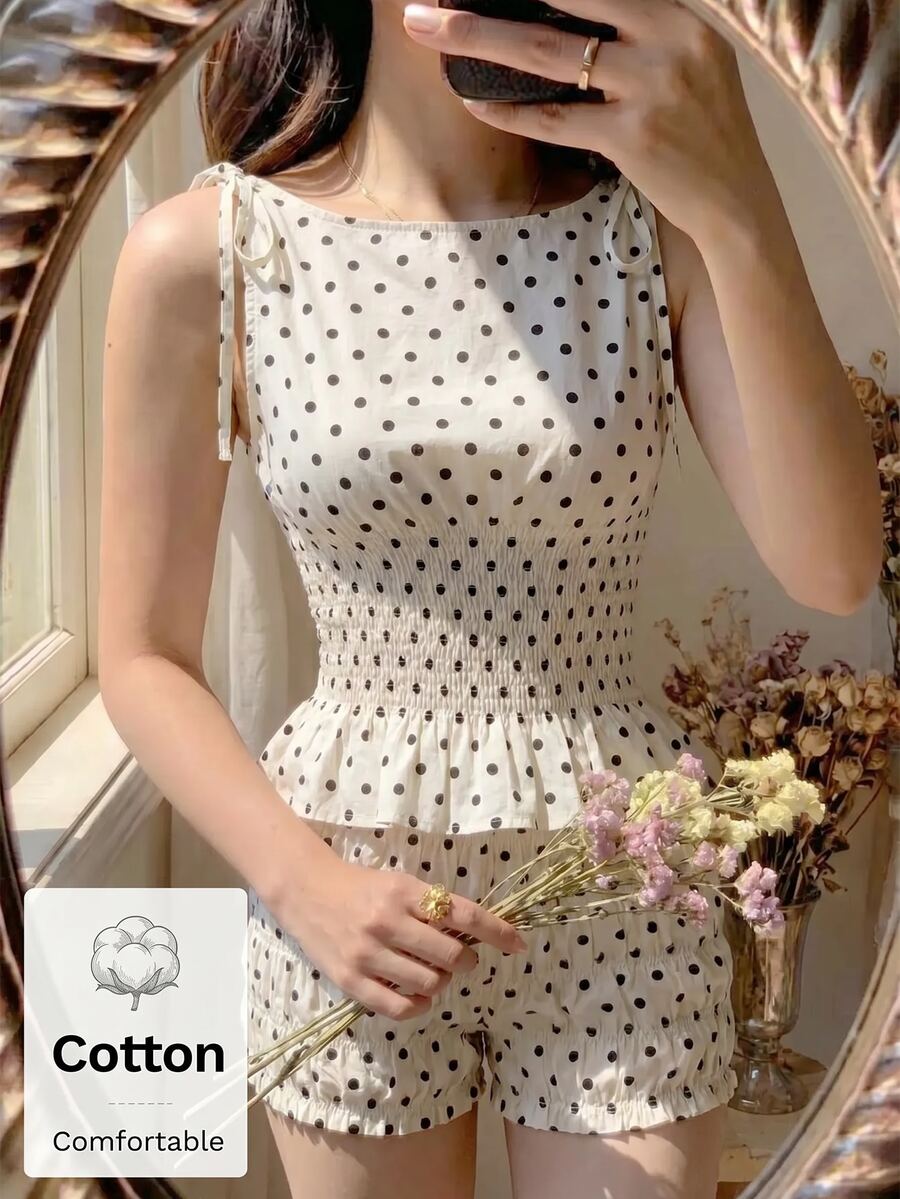 SHEIN MOD 女款棉質對比波點印花無袖上衣與短褲兩件套,情人節 - 杏色 - 查看 1