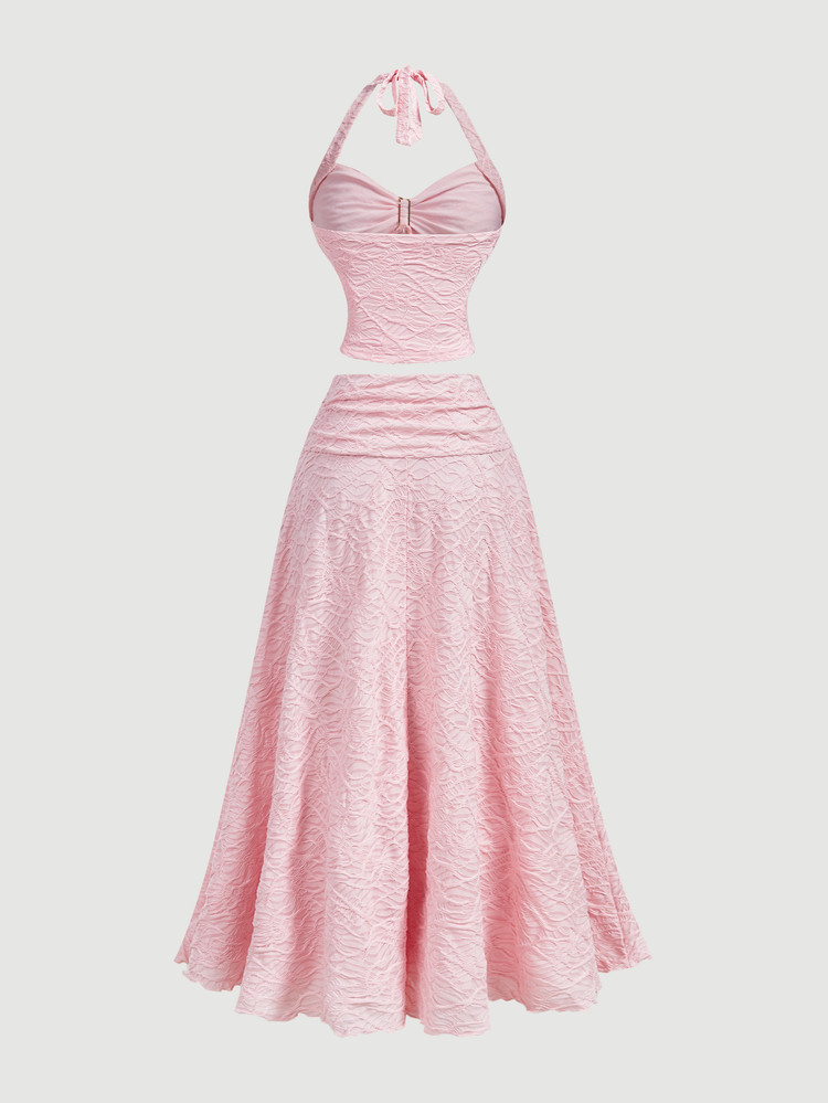 Skyraze Women's 2-Piece Set Spaghetti Strap Tank Top And Textured Pink Checkered Metallic Decor Long Skirt, Elegant Cottagecore Tropical For Picnic Vacation - Pink - View 4