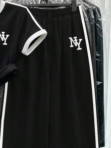 SHEIN Tween女孩休閒舒適運動風拼色字母NY上衣與拼色休閒寬鬆長褲套裝，適合秋季日常穿著，秋季新款，返校、校園、運動、外出、街頭穿搭 - 彩色 - 查看 4