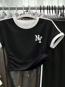 SHEIN Tween女孩休閒舒適運動風拼色字母NY上衣與拼色休閒寬鬆長褲套裝，適合秋季日常穿著，秋季新款，返校、校園、運動、外出、街頭穿搭 - 彩色 - 查看 3