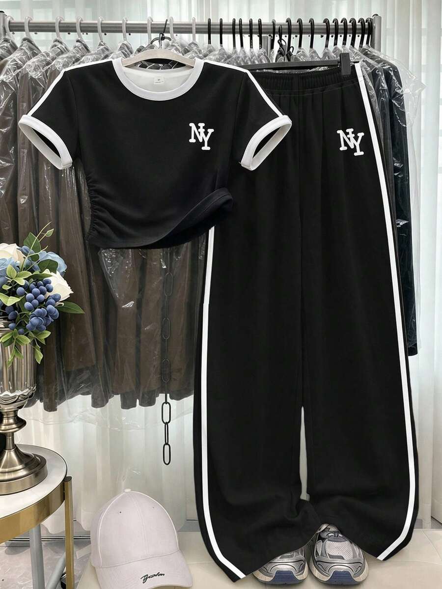 SHEIN Tween女孩休閒舒適運動風拼色字母NY上衣與拼色休閒寬鬆長褲套裝,適合秋季日常穿著,秋季新款,返校、校園、運動、外出、街頭穿搭 - 彩色 - 查看 1
