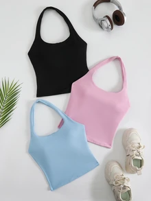 Velisys Velisys 3pcs/Set Women's Solid Color Spaghetti Strap Yoga Fitness Sports Tank Tops - Multicolor - View 1