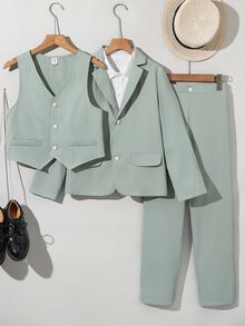 SHEIN 3件組兒童青少年男孩春夏秋冬適用 學院風可愛休閒綠色西裝外套馬甲休閒長褲紳士套裝 適合生日派對、正式褲裝套裝、晚宴、表演、婚禮 - 薄荷綠 - 查看 3