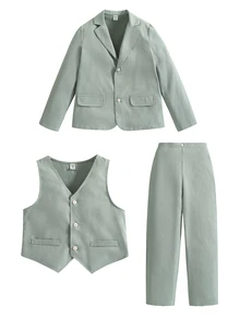 SHEIN 3件組兒童青少年男孩春夏秋冬適用 學院風可愛休閒綠色西裝外套馬甲休閒長褲紳士套裝 適合生日派對、正式褲裝套裝、晚宴、表演、婚禮 - 薄荷綠 - 查看 4