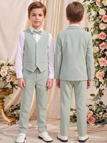 SHEIN 3件組兒童青少年男孩春夏秋冬適用 學院風可愛休閒綠色西裝外套馬甲休閒長褲紳士套裝 適合生日派對、正式褲裝套裝、晚宴、表演、婚禮 - 薄荷綠 - 查看 7