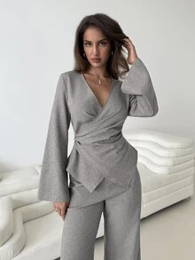 Aloruh Grey 2 Pieces Set Shirt + Straight Leg Pants, Suitable For Commuting, Teacher, Old Money Style, Office Brunch Business, Work, Fall/ Casual Elegant - Khaki - View 6
