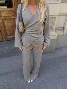 Aloruh Grey 2 Pieces Set Shirt + Straight Leg Pants, Suitable For Commuting, Teacher, Old Money Style, Office Brunch Business, Work, Fall/ Casual Elegant - Khaki - View 3