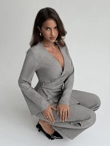 Aloruh Grey 2 Pieces Set Shirt + Straight Leg Pants, Suitable For Commuting, Teacher, Old Money Style, Office Brunch Business, Work, Fall/ Casual Elegant - Khaki - View 5