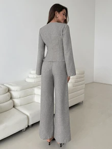 Aloruh Grey 2 Pieces Set Shirt + Straight Leg Pants, Suitable For Commuting, Teacher, Old Money Style, Office Brunch Business, Work, Fall/ Casual Elegant - Khaki - View 2