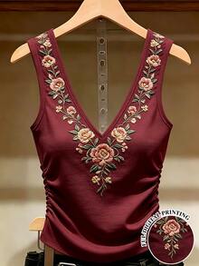 SHEIN Holidaya 夏季休閒老錢風 1940年代復古花卉印花背心上衣 度假風 酒紅色 - 酒紅色 - 查看 5