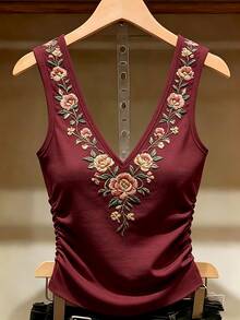 SHEIN Holidaya 夏季休閒老錢風 1940年代復古花卉印花背心上衣 度假風 酒紅色 - 酒紅色 - 查看 4