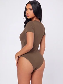 SHEIN PETITE Women's Summer Casual Solid Color Bodysuit - Mocha Brown - View 2