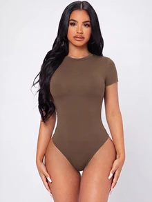 SHEIN PETITE Women's Summer Casual Solid Color Bodysuit - Mocha Brown - View 4