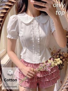 SHEIN MOD 女款純棉白色襯衫，可愛荷葉邊飾，鈕扣開襟，花瓣袖，返校季大學風復古學院風春夏秋上衣 - 白色 - 查看 1