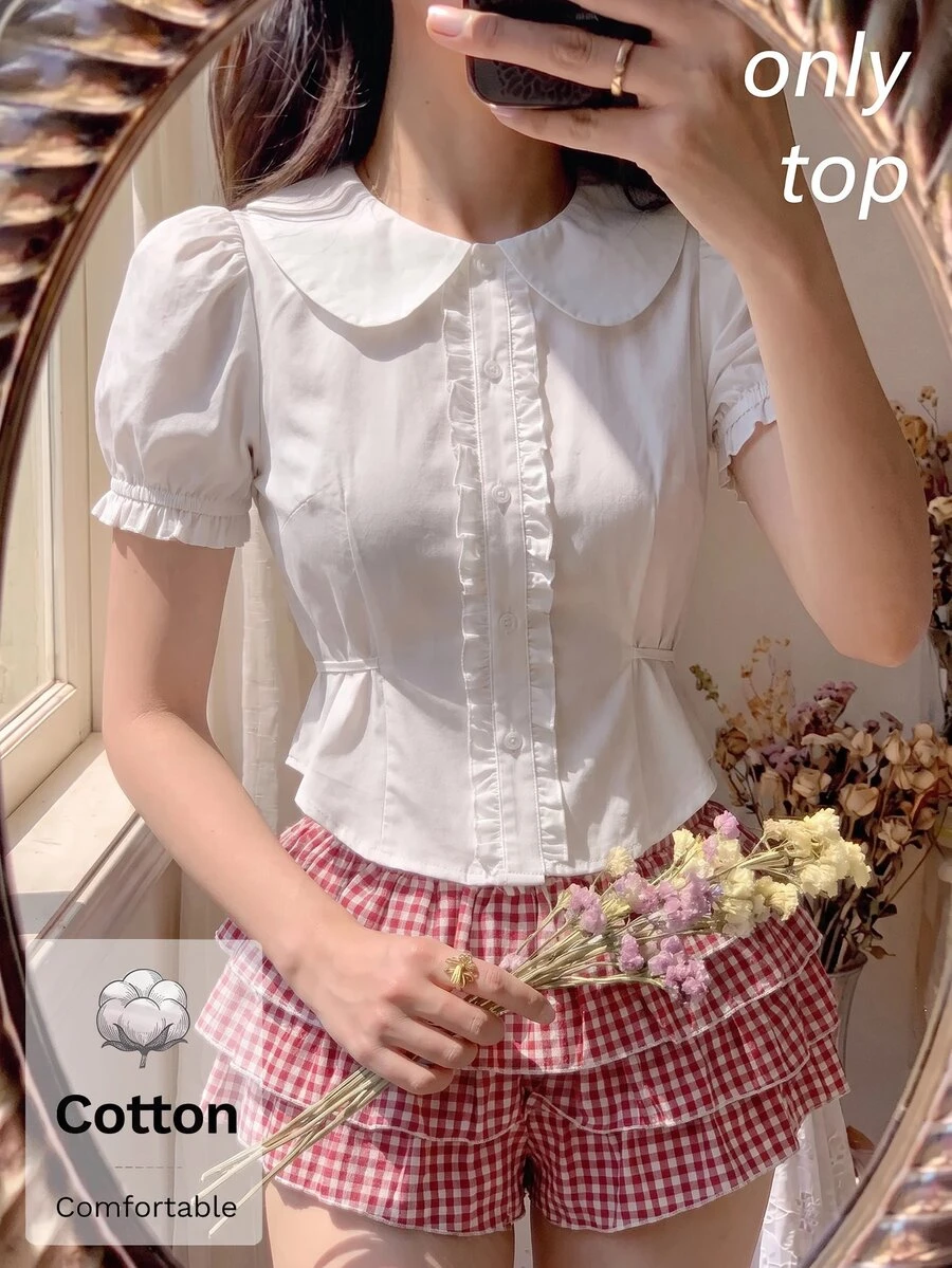 SHEIN MOD 女款純棉白色襯衫,可愛荷葉邊飾,鈕扣開襟,花瓣袖,返校季大學風復古學院風春夏秋上衣 - 白色 - 查看 1