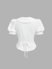 SHEIN MOD 女款純棉白色襯衫，可愛荷葉邊飾，鈕扣開襟，花瓣袖，返校季大學風復古學院風春夏秋上衣 - 白色 - 查看 7
