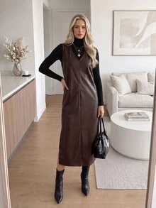 Easowa 女款休閒秋冬通勤日常基本款時尚外穿PU皮革開衩中長洋裝 - 深棕色 - 查看 6
