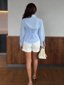 Harriette Anya 女士蓝白条纹长袖衬衫，系腰衬衫，休闲通勤衬衫，度假衬衫，收腰条纹衬衫，适合春夏秋冬，优雅度假波西米亚风工作装 - 藍白色 - 查看 5