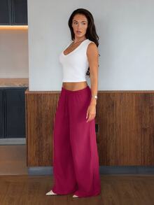 Harriette Anya 女士休闲高腰直筒棉质长裤 - 中紫紅色 - 查看 5