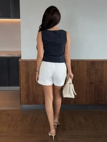 Harriette Anya 女士极简印花无袖圆领背心 - 藏蓝色 - 查看 2