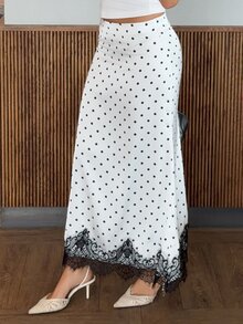 Harriette Anya 优雅复古波点设计法式初秋长裙，宽边蕾丝拼接性感经典百搭OL裙 - 白色 - 查看 3