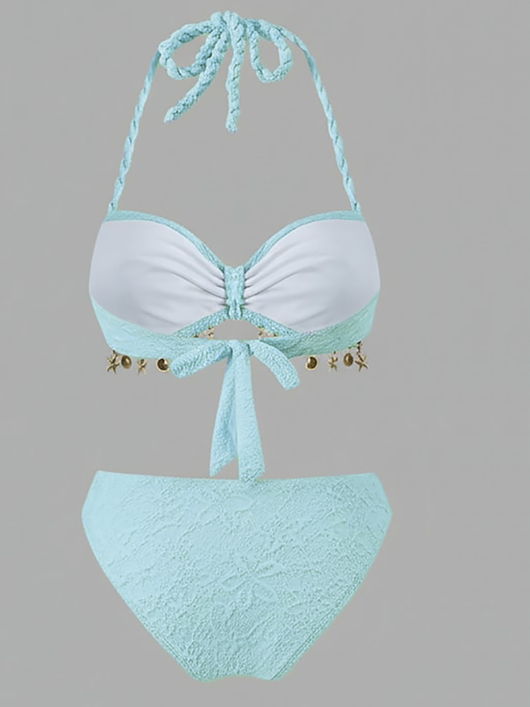Bonvoyette Women's 3 PiecesTextured Fabric Shell Trim Rope Decor Swimwear Set, For Beach & Holiday - Blue - View 4