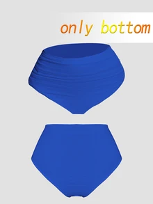 Swim Chiccia Bikini de talla grande para mujer con tela acanalada, unicolor, fruncido y control de abdomen, adecuado para uso diario y de vacaciones en verano - Azul - Ver 6