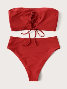 Swim Vcay 2026 特殊面料春夏女款紅色抹胸比基尼套裝，後背繫帶、側邊高衩，2件式泳衣，適合度假 - 紅色 - 查看 3