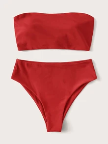 Swim Vcay 2026 特殊面料春夏女款紅色抹胸比基尼套裝，後背繫帶、側邊高衩，2件式泳衣，適合度假 - 紅色 - 查看 4