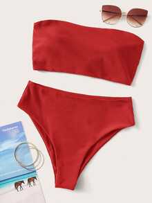 Swim Vcay 2026 特殊面料春夏女款紅色抹胸比基尼套裝，後背繫帶、側邊高衩，2件式泳衣，適合度假 - 紅色 - 查看 2