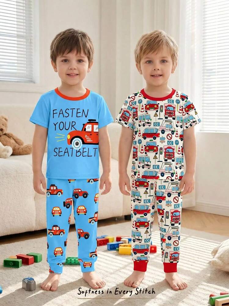 SHEIN Young Boy Casual Minimalist Snug Fit Comfortable Crew Neck Short Sleeve Long Pants Loungewear Set, 4pcs, Spring/Summer, Classic Cool Social Engineering Vehicle Print - Multicolor - View 1