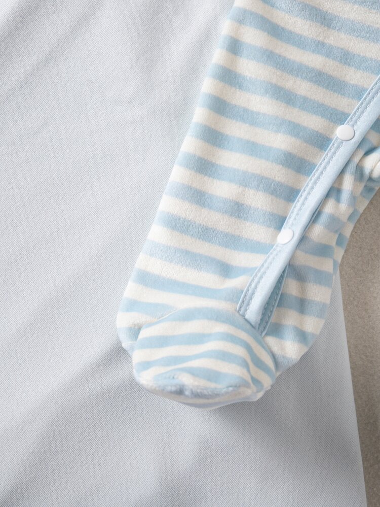 Autumn/Winter Plush Newborn Baby Boy Striped Contrast Blue English Embroidery Long Sleeve Pants Footed Swaddle Hat Multi-Functional 3-Piece Set Comfortable Soft Smooth Hot-Selling Pajamas Loungewear - Multicolor - View 6
