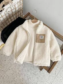 SHEIN Baby Boy Decorated Patchwork Thermal Lined Thick Long Sleeve Jacket Winter Coat, Versatile And Comfortable - White - View 1
