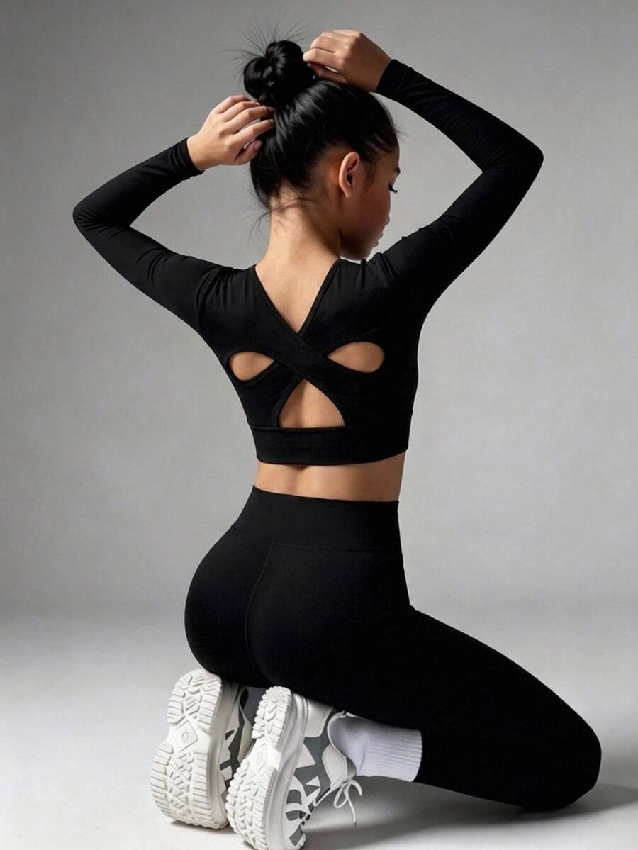 SHEIN Teen Girl Teen Girls Autumn Black High Elasticity Snug Fit Long Sleeve Sports Set With Criss-Cross Hollow Back Design - Black - View 1