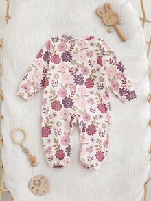 Cozy Pixies 新生女婴花卉印花柔软针织圆领长袖连体衣 - 淺灰紫 - 查看 2